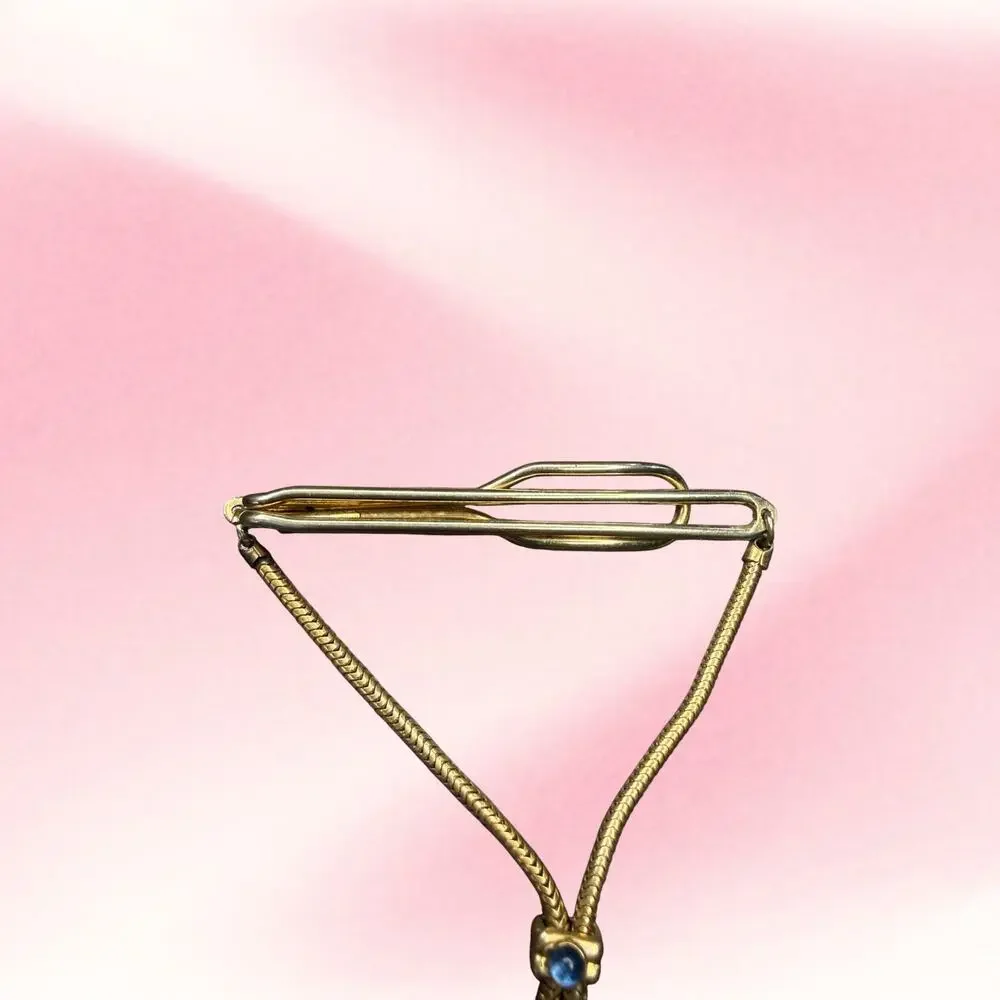 Vintage Swank MCM Gold Tone Blue Rhinestone Snake Chain Tassel Tie Bar